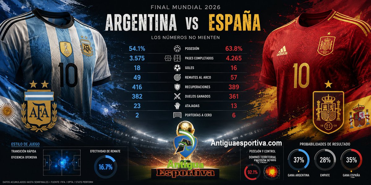 antiguaesportiv's tweet photo. #ArgentinaVsEspaña #Mundial2026 Argentina y España se enfrentan en la gran final. Hemos hecho un análisis completo de las estadísticas en el torneo, para que podamos ver quien podría ser el campeón del mundo. 
Lee: https://t.co/i8VmWBwvtU
@estugarc_eu https://t.co/lnv4kkGElj