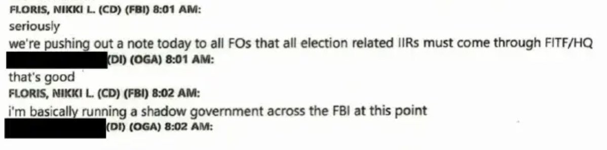 emilyakopp's tweet photo. Let's all acquainted with NIKKI FLORIS, the "rogue FBI bureaucrat" who bragged about running a "shadow government":

"another fucking IIR went out re election security" 

That was Floris' response to an FBI tip about China helping Biden in 2020 with fraudulent ballots.

She led FBI's Foreign Interference Task Force. She should have sprung into action! Instead she pressured agents to spike the report before it could reach Trump via the Presidential Daily Briefing. 

It doesn't end there. Then she began micromanaging ALL of the reports on foreign election interference, requiring that they ALL move through Christopher Wray's headquarters in DC ("FITF/HQ").

"We'll get this back in a box!" she said.

🧵