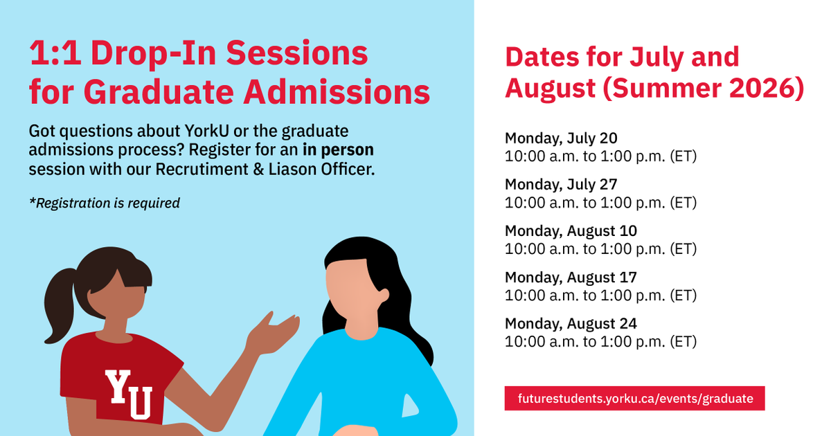 YorkUFGS's tweet photo. Kickstart your grad journey at York! From July to August, meet our Graduate Recruitment team in person at Graduate Admissions 1:1 Drop-In Session &amp; get your questions answered about York.

Spots are limited.

RSVP: https://t.co/JkJxdyaRSQ

#GradStudiesYU #YorkU https://t.co/zm73SJC7BX