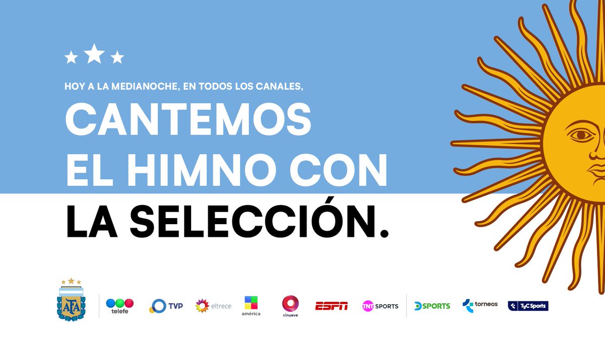 FDoficial's tweet photo. El domingo 19 a las 00:00 se emitirá una versión especial del Himno Nacional Argentino cantada por los jugadores de la Selección durante la Copa del Mundo, en reemplazo de la versión habitual que se transmite cada día a la medianoche. Nos amo. https://t.co/2USeEK2W09