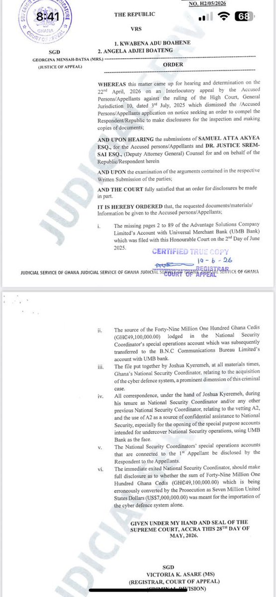 eddie_wrt's tweet photo. The Court of Appeal directed the Attorney General to produce documents detailing the source, purpose, supporting documentation, and National Security correspondence relating to the GH¢49.1 million at the centre of the Adu-Boahene trial.

However, the Attorney General told the court that the requested documents cannot be provided, raising questions over why the prosecution proceeded with the case without records that appear central to establishing the origin, purpose, and context of the funds.