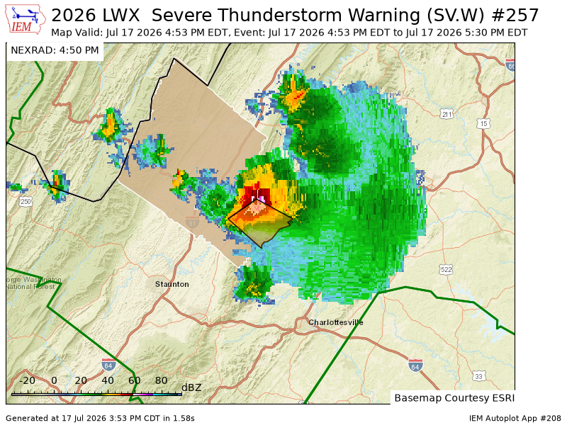AutomaticWX's tweet photo. LWX issues Severe Thunderstorm Warning [wind: 60 MPH (RADAR INDICATED), hail: <.75 IN (RADAR INDICATED)] for Rockingham [VA] till 5:30 PM EDT https://t.co/qtBGrjqnkT https://t.co/B6FNHiEwgl