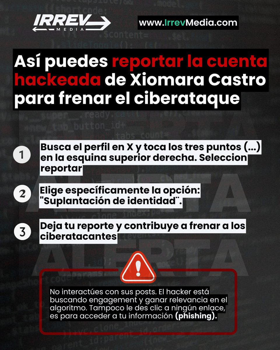 Irreversible_HN's tweet photo. 🌐 Contribuyamos todos a hacer de los espacios digitales sitios más seguros. Reportemos masivamente la cuenta de X hackeada a la expresidenta Xiomara Castro para frenar a los ciberatacantes. 🛡️

⚠️ ¡Alerta a todos los perfiles! Existe una oleada masiva de ciberataques, especialmente dirigidos contra comunicadores sociales y comunitarios. Según denuncias recientes, una empresa israelí —contratada por la ZEDE Próspera y con la que el gobierno de Nasry Asfura habría firmado recientemente un convenio— está detrás de un baneo masivo contra todas las publicaciones que denuncian el proyecto de las ZEDE, así como el desalojo violento que han sufrido las comunidades garífunas.

🔒 Recomendaciones de seguridad digital: Activar la verificación en dos pasos en todas sus cuentas y, por ningún motivo, abrir enlaces extraños o sospechosos, ya que este ataque se está ejecutando mediante suplantación de identidad e interceptación de datos (phishing).