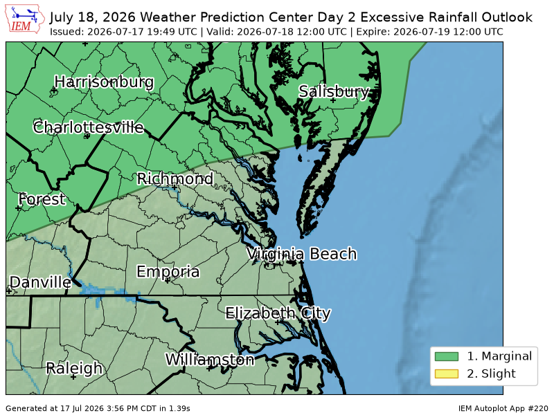 AutomaticWX's tweet photo. WPC issues Day 2 Marginal Risk Excessive Rainfall Outlook at Jul 17, 19:49z for AKQ https://t.co/rZWCaEq7DW https://t.co/GXlHDUf9x0