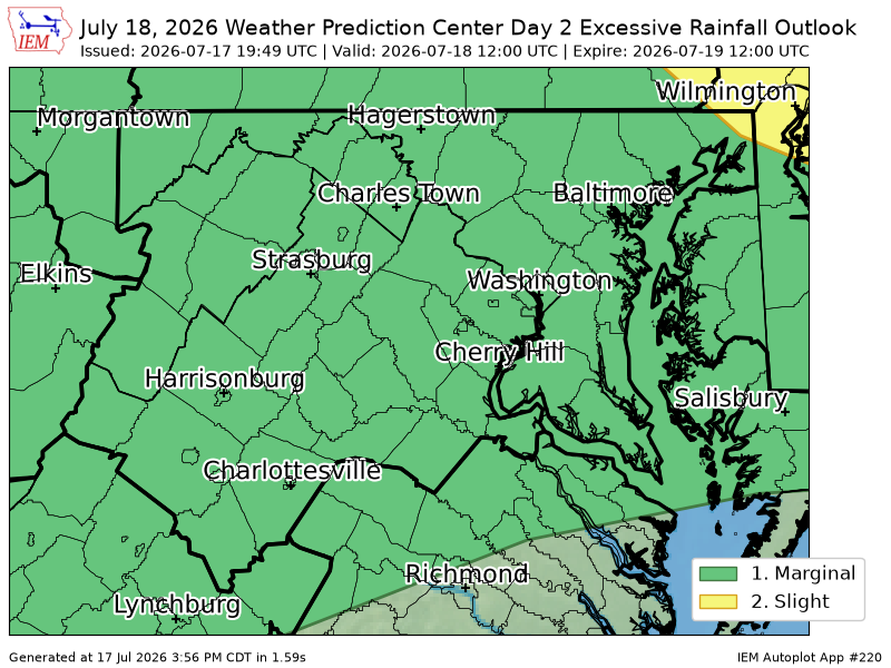 AutomaticWX's tweet photo. WPC issues Day 2 Slight Risk Excessive Rainfall Outlook at Jul 17, 19:49z for LWX https://t.co/rZWCaEq7DW https://t.co/D8tdXZpYDa