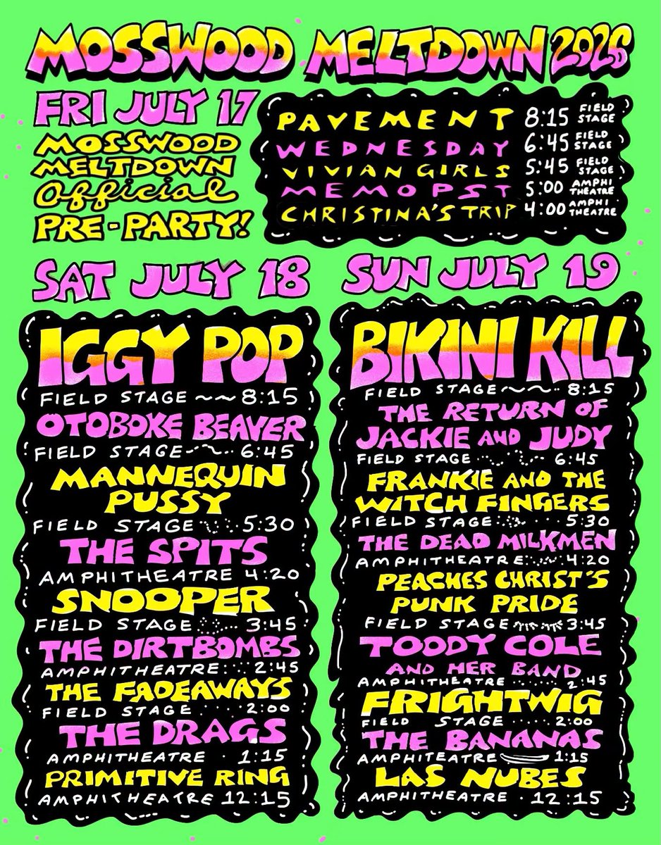 AmoebaSF's tweet photo. Oakland’s Mosswood Meltdown starts TONITE w/ a pre-party w/ PAVEMENT! Then Saturday &amp; Sunday, see Iggy Pop, Bikini Kill, The Dead Milkmen, Frankie &amp; the Witch Fingers, The Return of Jackie &amp; Judy (Sleater-Kinney+Fred Armisen) &amp; more. Hosted by John Waters!
https://t.co/QmMl6hl3Q6 https://t.co/Z6SbfLoMbo