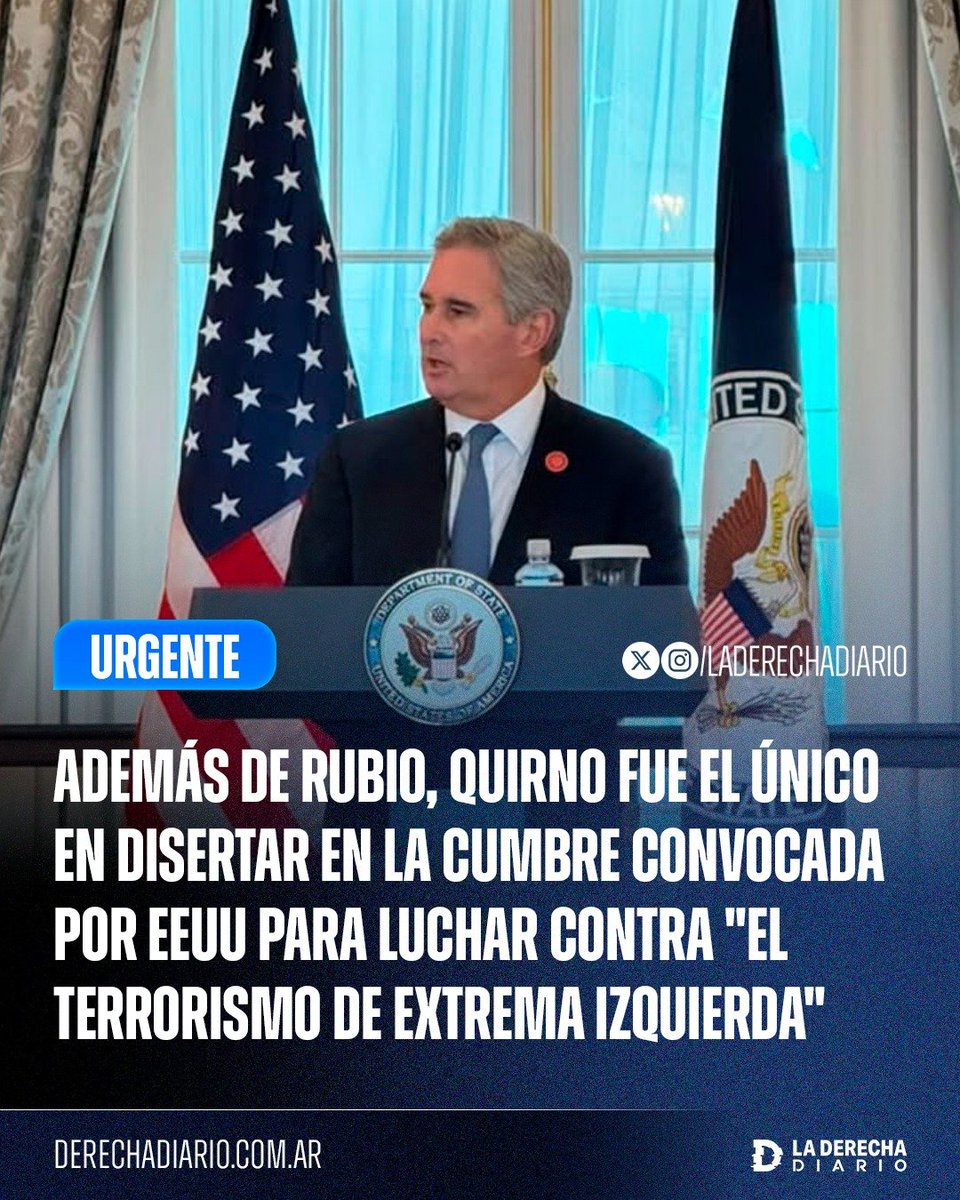 laderechadiario's tweet photo. 🌎🇦🇷🇺🇸 | HISTÓRICO: Además de Marco Rubio, el canciller argentino Pablo Quirno fue el único funcionario en disertar en la cumbre convocada por el Gobierno de Trump para luchar contra el terrorismo transnacional de extrema izquierda, que contó con la participación de 61 países, incluidos países europeos y asiáticos, además de todo el hemisferio occidental, en una nueva muestra del respaldo de los Estados Unidos a la Argentina gracias a la alianza estratégica entre Trump y Milei.