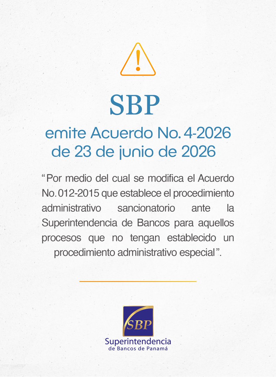 Superbancos_Pa's tweet photo. La Junta Directiva de la #SBP aprobó el Acuerdo No. 4-2026, el cual modifica el artículo 17 e incorpora los artículos 17-A, 17-B y 17-C al Acuerdo No. 012-2015.

 A su vez, aprobó el Acuerdo No. 5-2026, el cual establece las normas de Adecuación de Capital aplicables a los bancos y a los grupos bancarios.

Los acuerdos entrarán en vigor a partir de su promulgación en la Gaceta Oficial.

https://t.co/izJy93YQBy

https://t.co/t49Jt3l8wx 

#SBPteInforma #Normativa