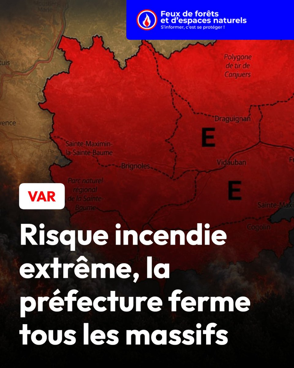 FeuxdeForet_FR's tweet photo. La préfecture du Var ferme tous les massifs ce samedi 18 juillet face à un risque d’incendie extrême ou très sévère.

➡️ https://t.co/LpM0C8DgPp https://t.co/VwJZ5wvb9S