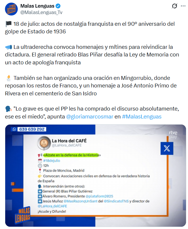 MasRazonqUnSant's tweet photo. La prensa recoge la autorización del acto del #18julio

(Ya sé que llamar prensa al programa basura @MalasLenguas_Tv es incorrecto, pero sé que me entendéis)

📢 Álzate en la defensa de la Historia
 🗓 #18dejulio
🕛 12h
📍 Plaza de Moncloa #Madrid

¡Allí estaremos!

¡ACUDE! https://t.co/apvkhB5wpB
