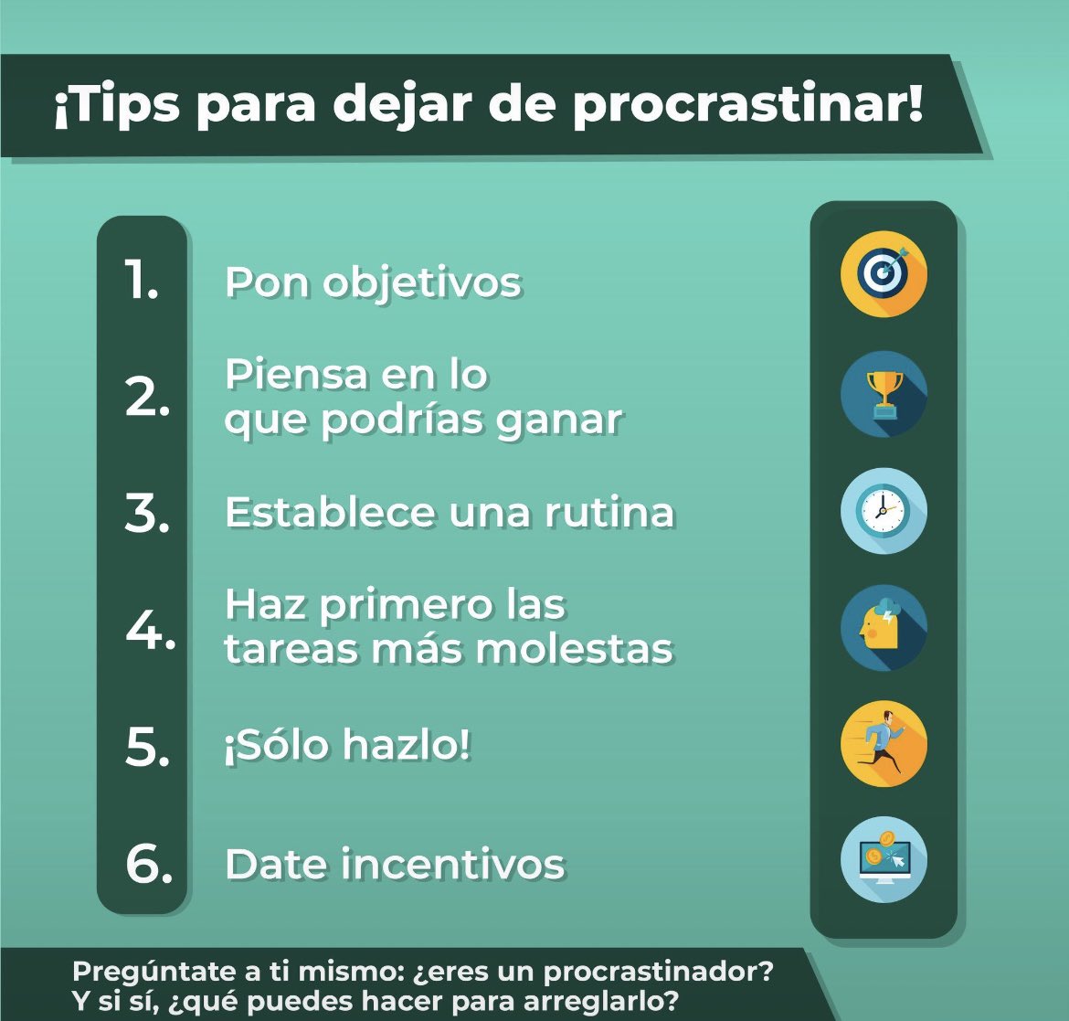 KarlaMawcinitt's tweet photo. Como #emprendedor, uno de tus principales enemigos y obstáculos es el "Procrastinar". 

Por ello, es importante dejar de aplazar tus pendientes y establecerte #metas claras, si es que quieres tener #éxito en el mundo de los #negocios.
.
.
.
.
#Procrastinación #Productividad #Emprendimiento #GestiónDelTiempo #Emprender