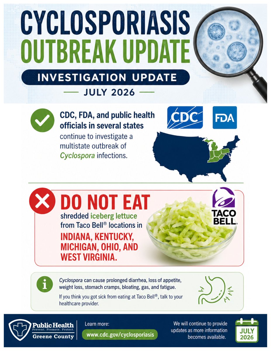 GreeneCoPH's tweet photo. Investigation Update on the #Cyclosporiasis outbreak from the #CDC, July 2026
https://t.co/qXylC97Xhj
#InTheKnow #PreventPromoteProtect #GCPH https://t.co/4hRmtv0GuH