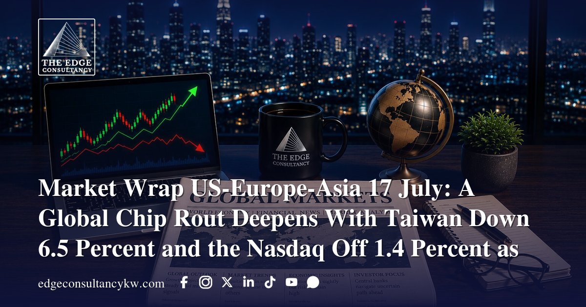 edgeconsultkw's tweet photo. Market Wrap US-Europe-Asia 17 July: A Global Chip Rout Deepens With Taiwan Down 6.5 Percent and the Nasdaq Off 1.4 Percent as the VIX Jumps 12 Percent

A global chip selloff deepened into Friday as Taiwan sank 6.5 percent and Wall Street fell, even as oil surged.

📌 Taiwan's Taiex fell 6.47 percent, the Nikkei 4.03 percent and Shenzhen 5.40 percent
📌 Wall Street lower - Nasdaq off 1.40 percent, S&P 500 down 1.01 percent, Dow off 0.77 percent
📌 The VIX jumped 12.19 percent to 18.77 as risk appetite drained
📌 Brent settled up 4.68 percent to 88.17 dollars and gold reclaimed 4,000
📌 The UAE was the only Gulf market open - Dubai off 1.39 percent, Abu Dhabi flat

📍 The read: The escalation week closed as a monetary and positioning event, the chip complex from Taipei to New York repricing the same rate-and-supply shock while oil surged. For the Gulf, the region's largest markets held nearly flat through the week even as global tech fell harder, and the near-5 percent jump in crude rebuilds the revenue side, though the rate path in Washington and Frankfurt is the real channel.

🔗 Full analysis: https://t.co/kJY348Q6aZ

📩 Newsletter: https://t.co/GoTtay2Rcg

📱 WhatsApp channel: https://t.co/kInKHEYdeo

#Markets #Asia #WallStreet #Oil #Gulf