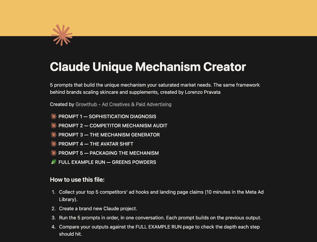 lorenzo_pravata's tweet photo. If you want to scale in a saturated market, use Claude

We built a 5-prompt system that creates a unique mechanism in minutes.

The same framework behind the skincare and supplement brands we scale, backed by $107M+ in managed Meta spend.

Inside the file:

- The sophistication diagnosis that shows how burned out your market really is
- A competitor mechanism audit built from 10 minutes in the Ad Library
- The mechanism generator, with a full worked example on greens powders
- The avatar shift + packaging steps that make the mechanism sellable

Want a copy? Like + Comment "MECHANISM" and I'll send it over ASAP

(Must be following)