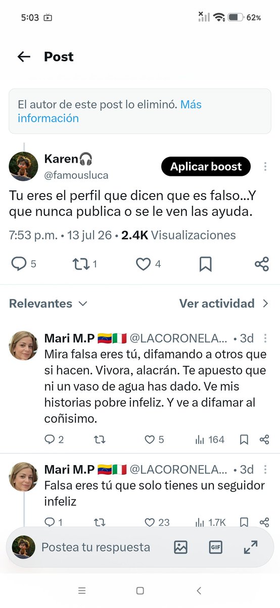 famousluca's tweet photo. @veyadama Lo dije hace días y la tipa me insulto;si es que es la de la foto. Le dije;van a llegar más a darse cuenta de tus mentiras. Salió un ejército de cegados a defenderla

Borro hoy el respost que hizo acusándome con su ejército de cegados. https://t.co/5LYFgFBFWd