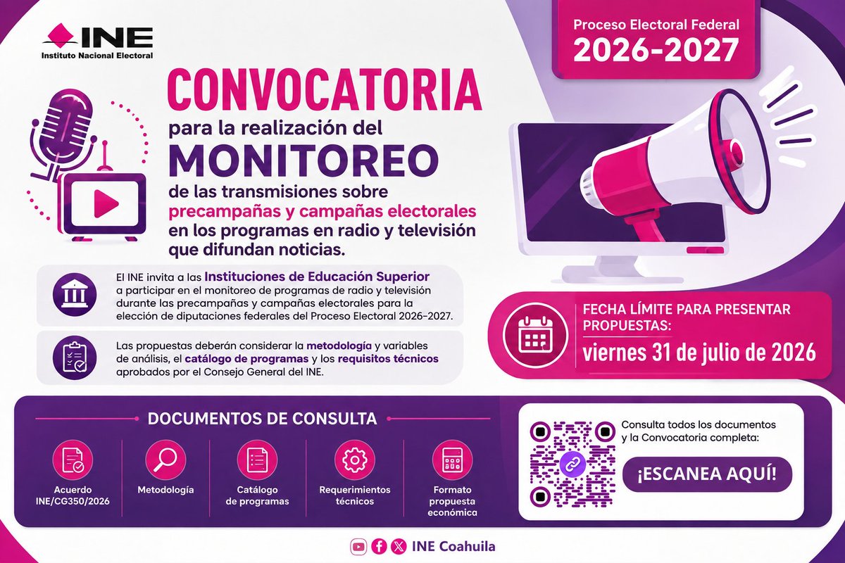 01JDE_INECoah's tweet photo. 📢 El INE invita a las Instituciones de Educación Superior a participar en la Convocatoria para el Monitoreo de Programas de Radio y TV durante el #PEF20262027.
🗓️ Registro hasta el 31 de julio de 2026.
Más información: https://t.co/CQZ7kqp800 https://t.co/f154DxRWvM