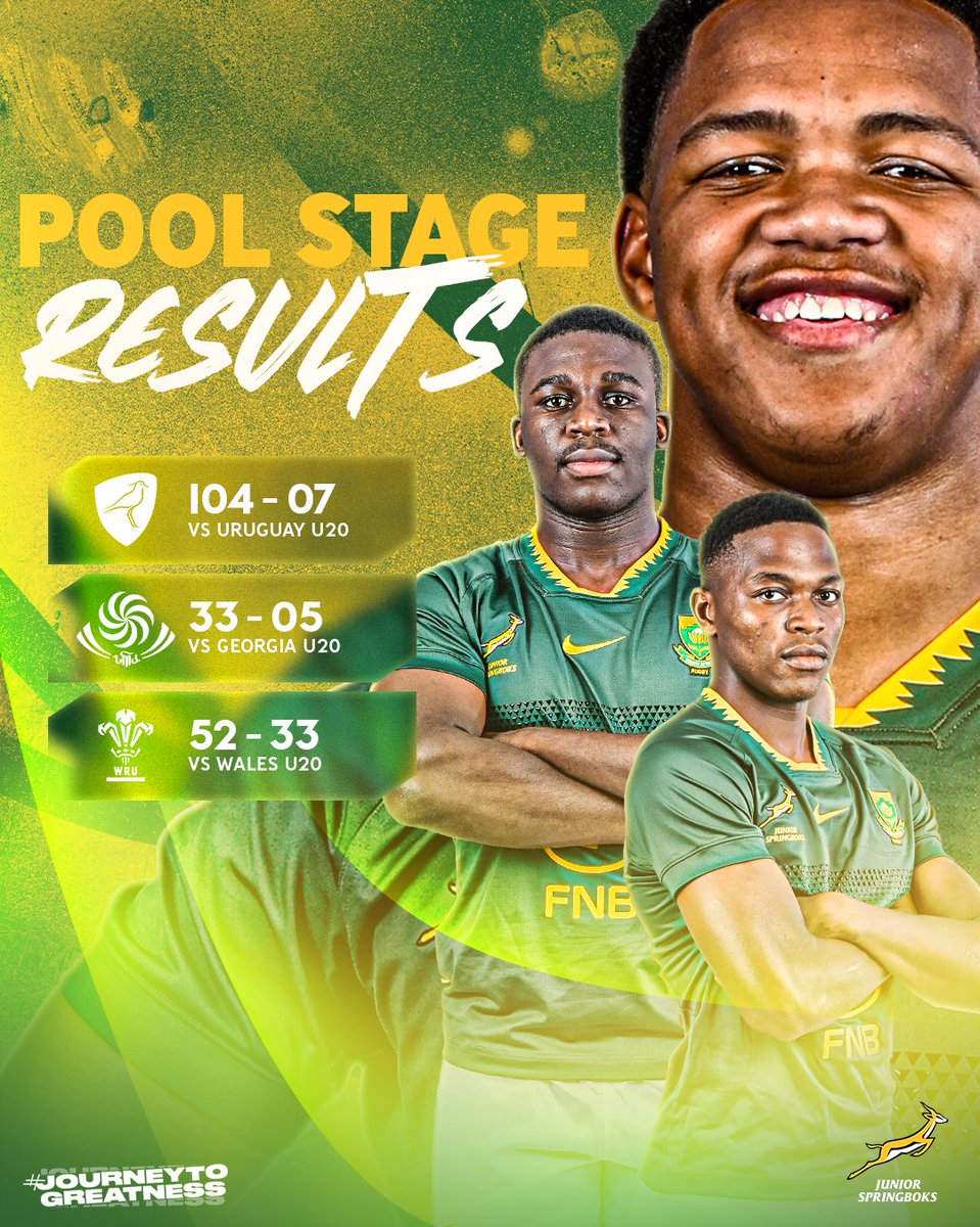 SAJuniorRugby's tweet photo. From the pool stage to the final. The Junior Springboks are going all the way. 🟢🟡
#JourneyToGreatness #U20WorldChampionship #JuniorBok https://t.co/jjhMIh29pK