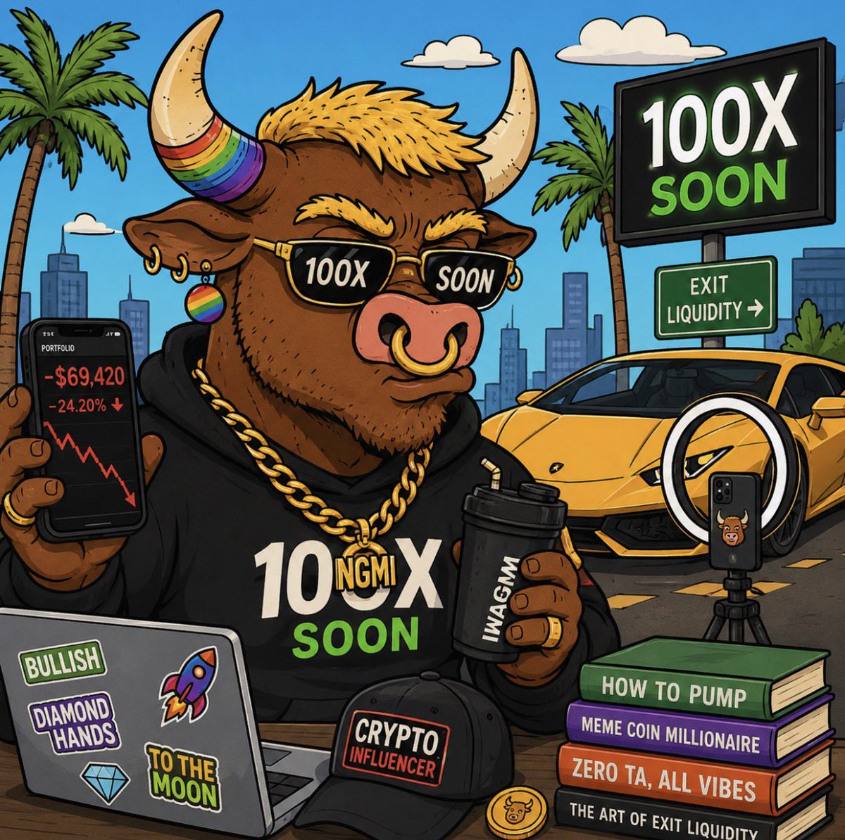 heiscryptodev's tweet photo. “100X SOON” 
Portfolio: -69% 
Lamborghini: Rented. 😎

The Influencer Bull starter pack. 🐂😂

#Crypto #Memecoin #Bitcoin #BullRun #Altcoins #SOL #ETH #Trading #Web3 #CryptoMeme https://t.co/nJEBuga5k8