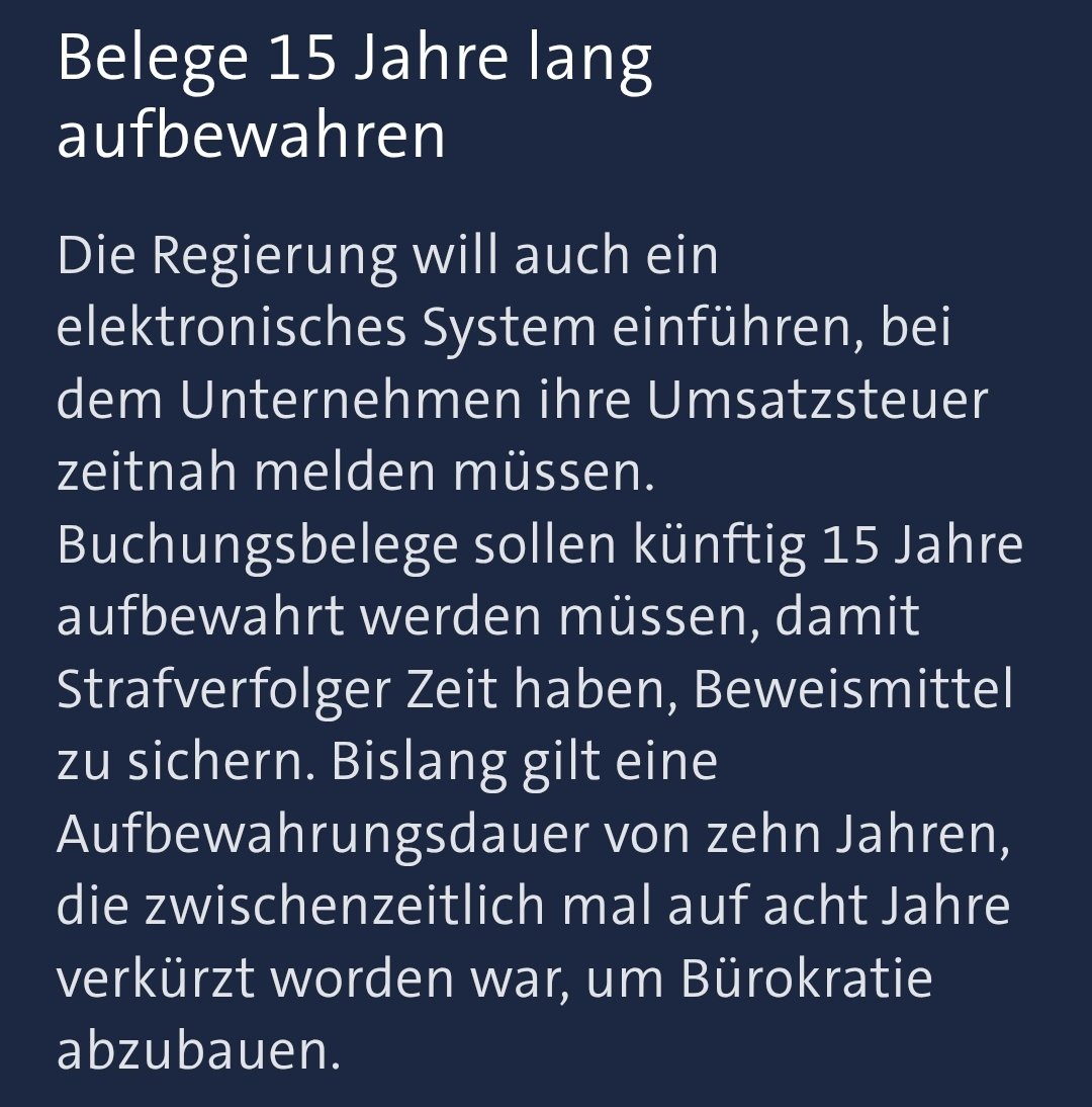 thebagworker's tweet photo. Das muss der versprochene Bürokratieabbau sein.

Erst vor kurzem auf 8 Jahre verkürzt, dann wieder auf 10 angehoben, und bald sollen es 15 werden. Innerhalb von drei Jahren. Verlässlichkeit? Fehlanzeige. 

Unternehmen dürfen also ihre Archivierungssysteme wieder umbauen.  Fūr kleine Betriebe ohne eigene IT ist das teuer. Unglaublich.