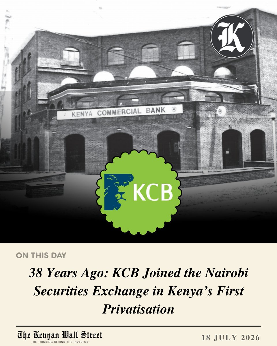 kenyanwalstreet's tweet photo. On This Day | 18 July 1988

Kenya Commercial Bank joined the Nairobi Stock Exchange following an IPO in which the Government sold a 20% stake to public investors.

The transaction became Kenya’s first privatisation through the stock market, leaving the Government and affiliated institutions with an 80% holding.

Thirty-eight years later, KCB Group remains one of the largest listed banking groups in East Africa.