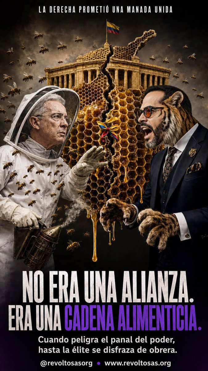 Revoltosasorg's tweet photo. La derecha prometió una manada disciplinada, pero aún no se posesiona y ya está entre rugidos y aguijones. No era una alianza: era una cadena alimenticia. Y cuando peligra el panal del poder, hasta la élite se disfraza de obrera. https://t.co/rdCctPuhRk