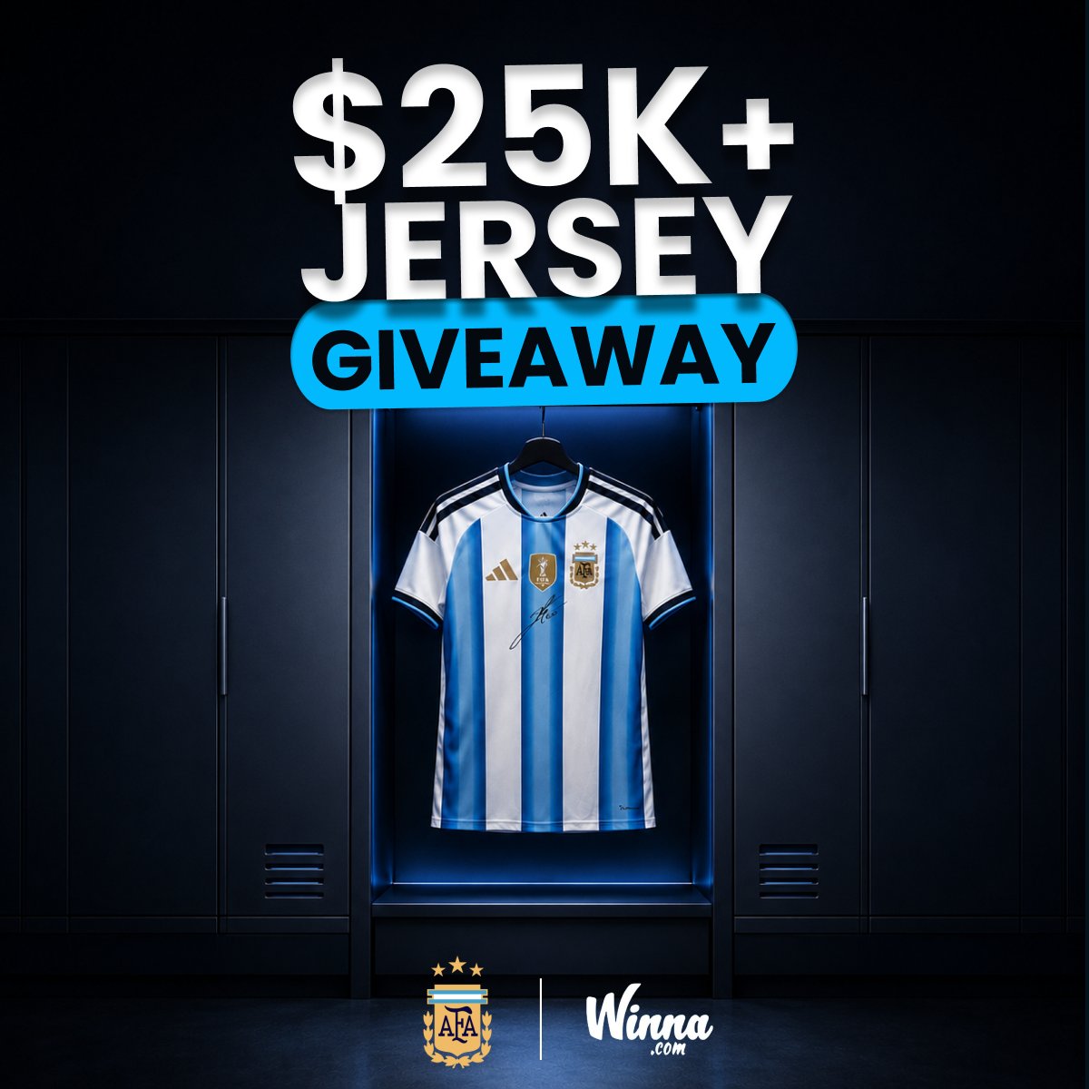 Winna's tweet photo. Did we pick the perfect time to become the official betting sponsor of @Argentina?

If they win the final on Sunday, we'll give away 25 x $1,000 + one signed Messi Jersey (worth ~$2K) to a lucky winner!

Follow @Winna, @WinnaFC + RT/Like + tag 3 friends + comment your Winna Username below.