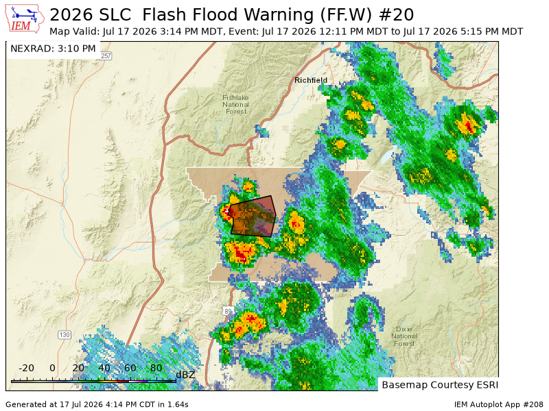 AutomaticWX's tweet photo. SLC extends time of Flash Flood Warning [flash flood: observed, flash flood damage threat: considerable] for Piute [UT] till Jul 17, 5:15 PM MDT https://t.co/cBrqedqPY6 https://t.co/v7x7ynuIzZ