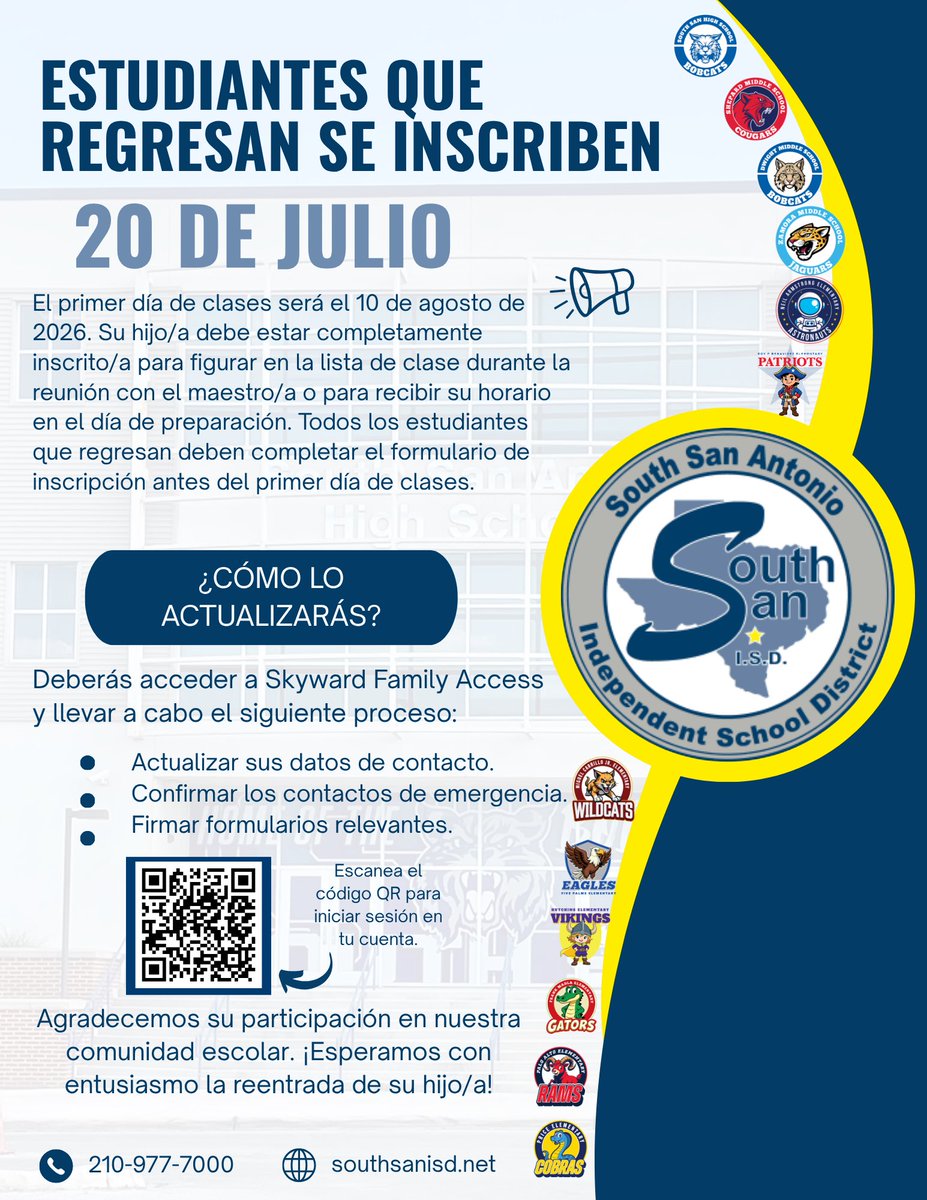 ssaisd's tweet photo. ✏️🍎Student registration opens Monday, July 20! All returning students must complete the registration process before the first day of school on August 10, 2026. https://t.co/hi29qe6VeI
