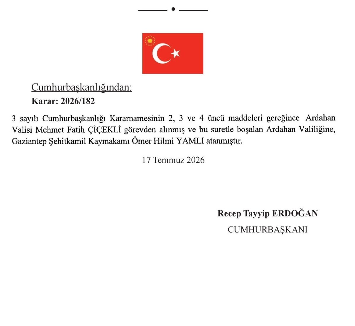 Ardahan Valisi Değişti: Mehmet Fatih Çiçekli Görevden Alındı, Yerine Ömer Hilmi Yamlı Atandı
