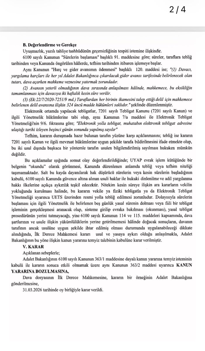 avukat_el_hp's tweet photo. SÜRELERE DAİR ÖNEMLİ KANUN YARARINA BOZMA KARARI:

Harç ve giderlerin ödenmesine yönelik kesin süre öngören ihtarların Tebligat Kanunu hükümlerine göre usülüne uygun şekilde tefhim veya tebliğ edilmesi gerekir. Buna dair evrakın UYAP’tan açılıp okunması, tefhim veya tebliğ sayılmaz. 

Karar bugünkü resmi gazetede yayınlanmıştır.