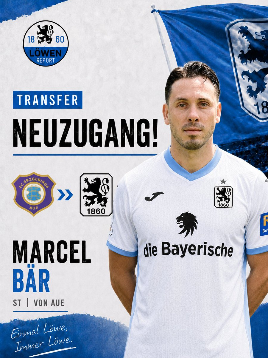 report1860's tweet photo. 🚨 NOCH EIN LÖWE KEHRT HEIM! 🦁💙

Mit Marcel Bär kehrt ein weiterer Publikumsliebling nach Giesing zurück. Nach seiner Zeit bei Erzgebirge Aue trägt der Stürmer wieder das Trikot des TSV 1860 München.

„Mein Löwe. Mein Bär.“ 💙

Rüdiger Rammel setzt weiter auf Spieler mit echter Löwen-DNA – Erfahrung, Identifikation und Leidenschaft für das Wappen.
#rammel1860