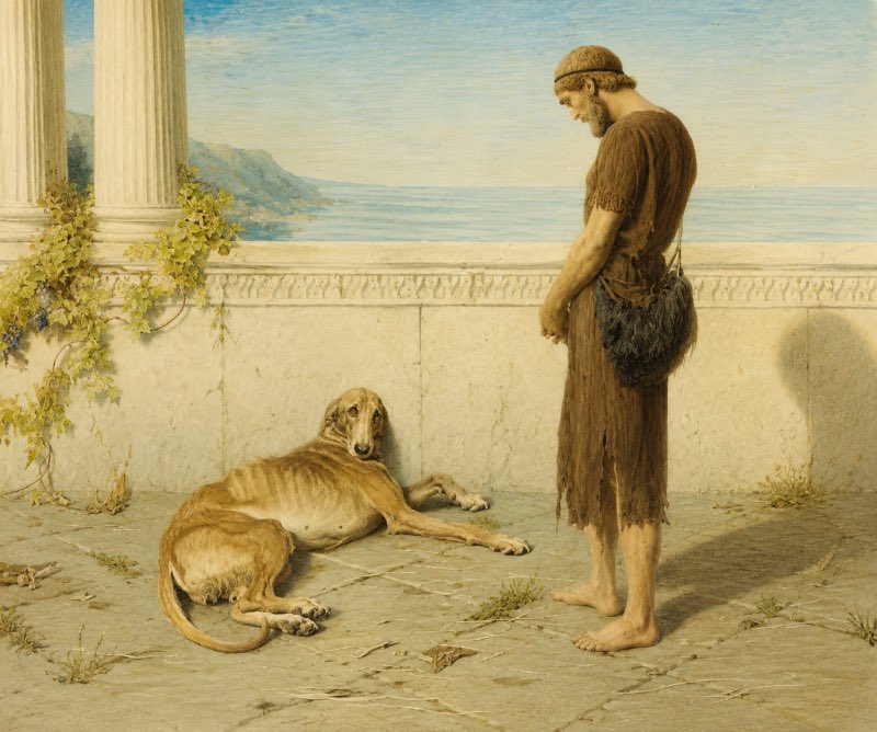 Mariorarara's tweet photo. Hablando de La Odisea, uno de sus pasajes más tristes y hermosos quedó inmortalizado en Ulises y Argos, de Briton Rivière. En el canto XVII, Ulises vuelve a su palacio tras veinte años de ausencia, envejecido y disfrazado. Nadie lo reconoce, salvo Argos, su perro, postrado por la vejez y el abandono. Al percibir su olor, levanta las orejas y mueve la cola. Ulises contiene las lágrimas y pasa de largo. Después de ver a su amo por última vez, Argos muere, al fin, en paz🥹❤️‍🩹