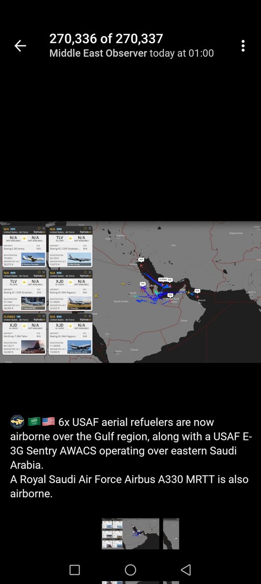 14wombat1's tweet photo. 18.07.26
01.10
(01.00)

Middle East Observer, [18/07/2026, 01:00]

 ⚡️ 🇸🇦🇺🇸 "6x USAF aerial refuelers are now airborne over the Gulf region, along with a USAF E-3G Sentry AWACS operating over eastern Saudi Arabia." 
"A Royal Saudi Air Force Airbus A330 MRTT is also airborne." https://t.co/9WpBWvdrGy