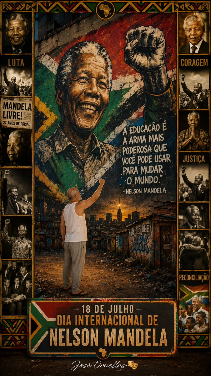 ORNELLASAtor's tweet photo. ⏳ 18 de julho - Dia Internacional de Nelson Mandela ✊🏿 

- Nelson Mandela suportou 27 anos de prisão sem abrir mão da esperança. Quando conquistou a liberdade, escolheu o caminho mais difícil: o da reconciliação.
"Ninguém nasce odiando outra pessoa pela cor de sua pele." https://t.co/efXSnucDHK