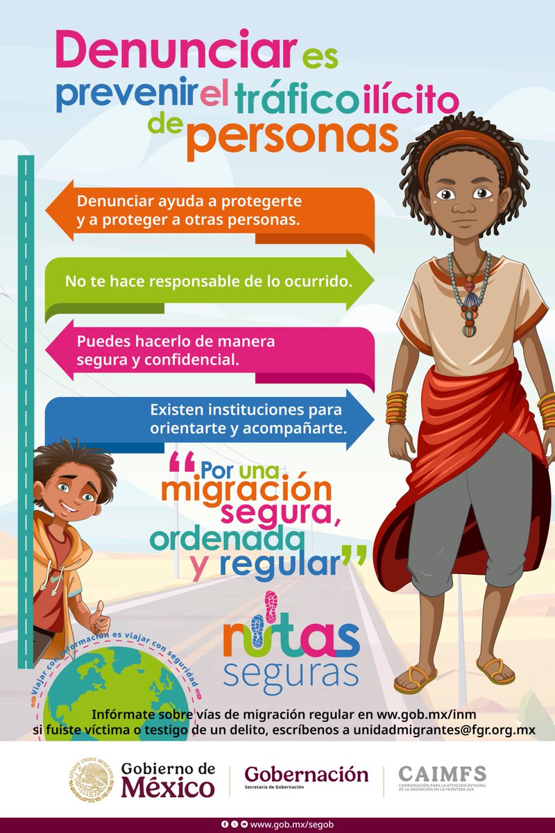 Hazaelruizo's tweet photo. Si durante tu paso por la #FronteraSur de México has sido víctima o testigo de algún delito, como el tráfico ilícito de personas migrantes, te invitamos a denunciar de forma segura a través del correo electrónico unidadmigrantes@fgr.org.mx

¡Denunciar es prevenir! Desde la Coordinación para la Atención Integral de la Migración en la Frontera Sur (#CAIMFS), trabajamos para construir una migración segura, ordenada y regular.

#RutasSeguras #MovilidadSegura #ViajarConInformación #ContraElTráficoIlícito