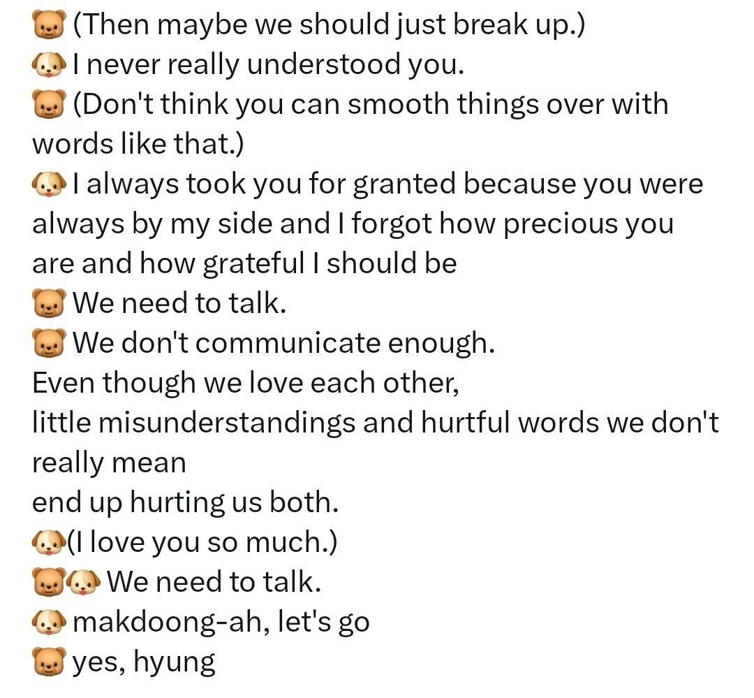 jhs_rev's tweet photo. 2HO covered "Need conversation" by the jadu, It's about a couple who struggle with communication, they broke up but got back together in the end 😭

Here is the conversation and lyrics, jongho as the girl, yunho as the boy

Video cr to: @/mypuppy323 https://t.co/JyTB1BBnVE