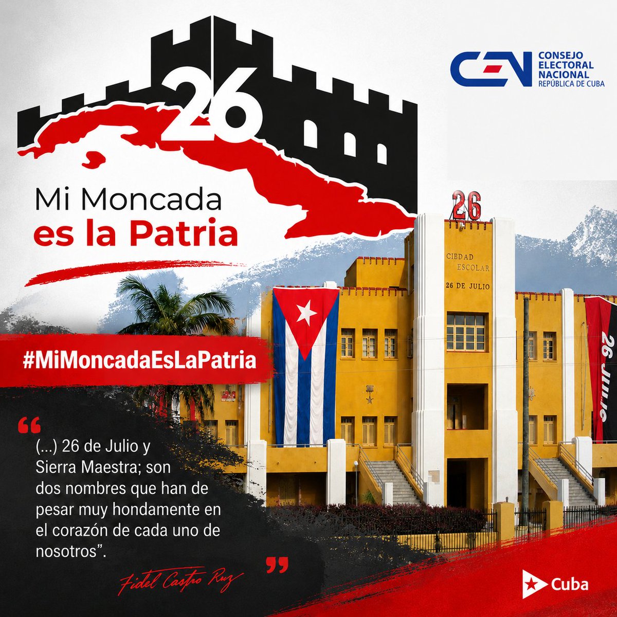 Elecciones_Cuba's tweet photo. #100AñosConFidel 🇨🇺
"Y así, aquel 26 de Julio fue para nosotros un minuto, en que cuando parecía culminar una lucha, cuando parecía culminar un esfuerzo para iniciar la batalla por la liberación de nuestro pueblo, no era el fin, sino el comienzo."
#MiMoncadaEsLaPatria 🇨🇺 https://t.co/Yokg5pgnuX