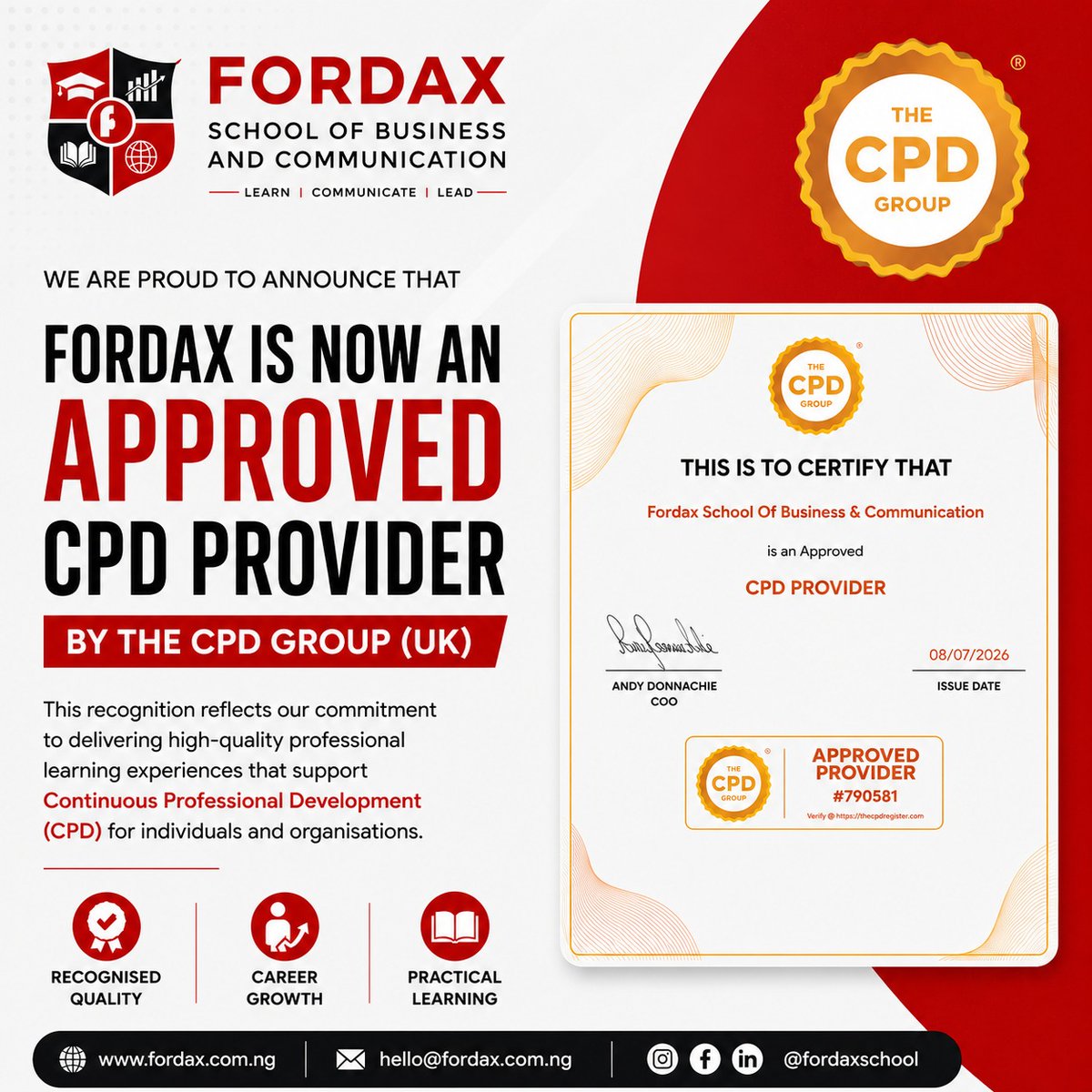 fordaxfbs's tweet photo. Fordax School of Business and Communication is now an approved CPD provider by The CPD Group UK, validating its practical executive and professional development programs for career growth. 

https://t.co/pzE32AMZ9H https://t.co/qKlT9Q0D0d