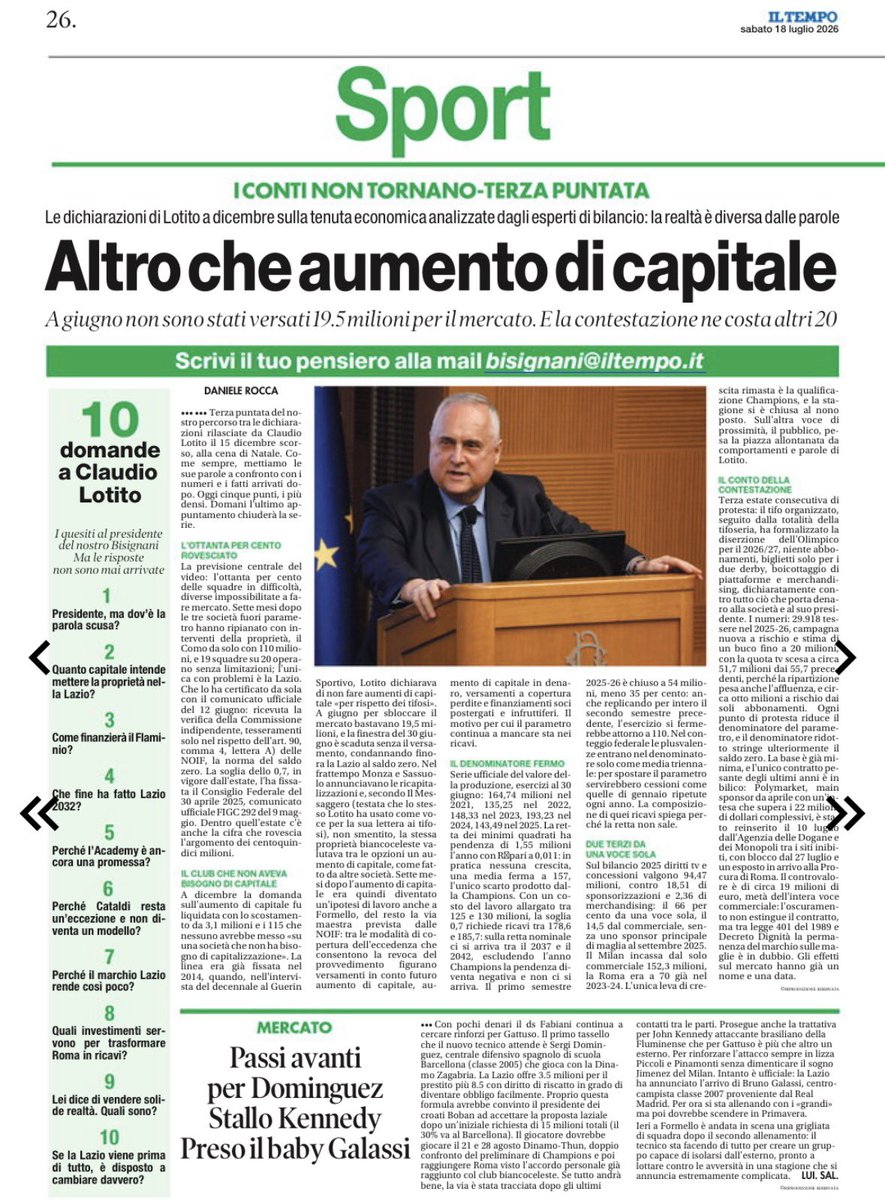 natainfastidita's tweet photo. I numeri non tifano. E raccontano molto più di tante dichiarazioni. Oggi sul @tempoweb i conti della #Lazio e la fotografia del boicottaggio degli abbonamenti. 
Buona lettura. @Capezzone https://t.co/0zS3LkoEZz