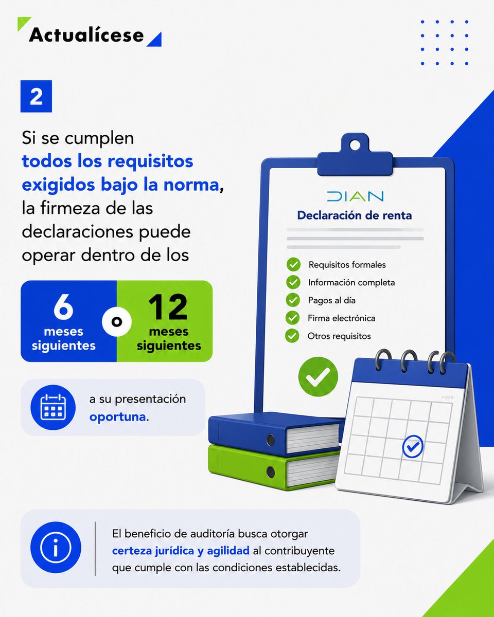 actualicese's tweet photo. #LaPregunta |🚨 Contribuyentes que liquiden saldos a favor en declaración de renta con beneficio de auditoría deben atender el plazo para solicitar su devolución o compensación, pues la firmeza anticipada reduce el tiempo del trámite ✅
💻 Ingresa aquí 👉 https://t.co/aWTGihA1z6 https://t.co/gF57L3nkru