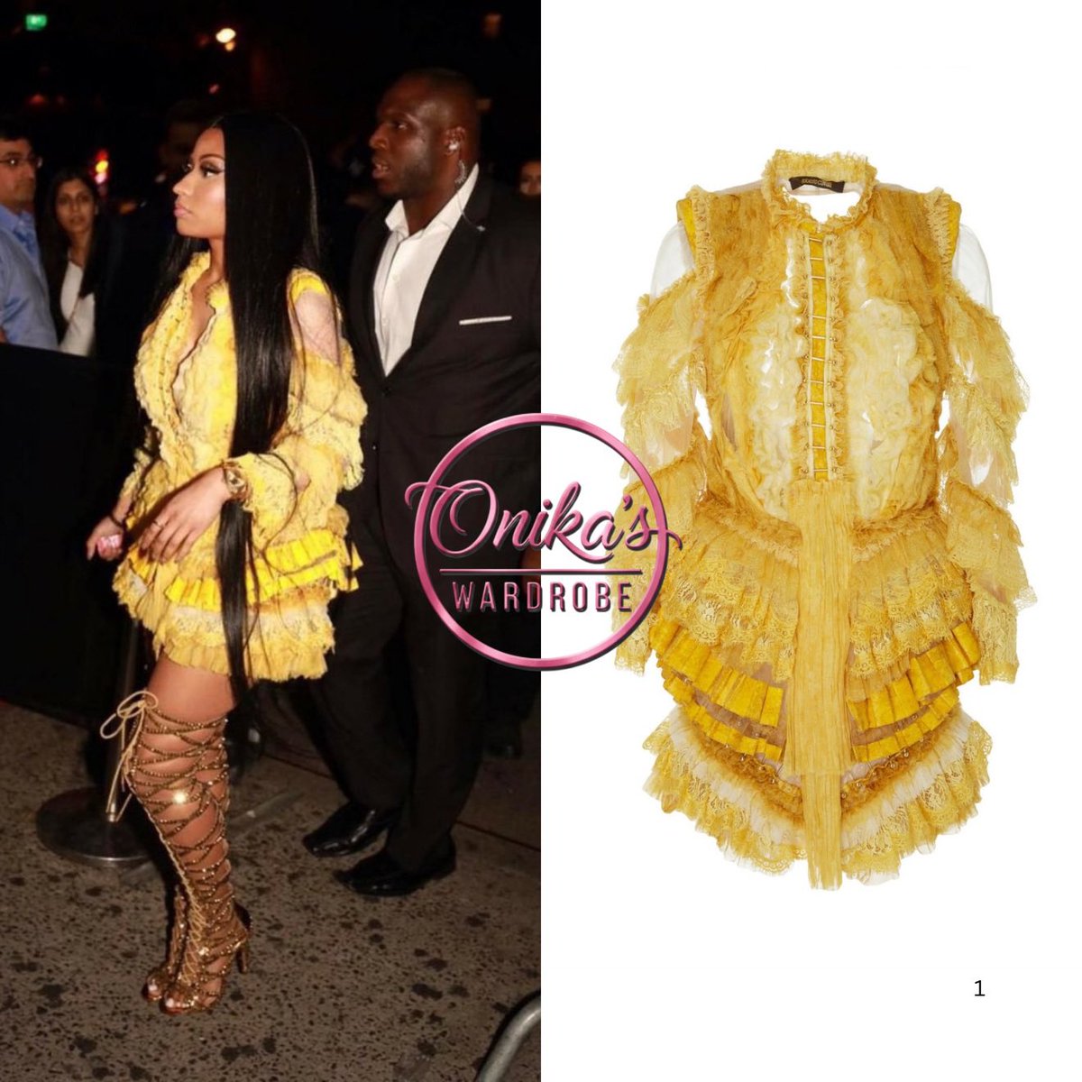 onikaswardrobe's tweet photo. Drake’s NBA Awards After-Party (2017)
Nicki Minaj wearing Roberto Cavalli Fall 2017 ruffled mini dress ($19,195) + Urbanog gladiator heels ($35) that were customized by A-Morir with 4000 crystals.
#nickiminaj #fashion #style #robertocavalli #amorir #nbaawards https://t.co/G4xPZAWUTM