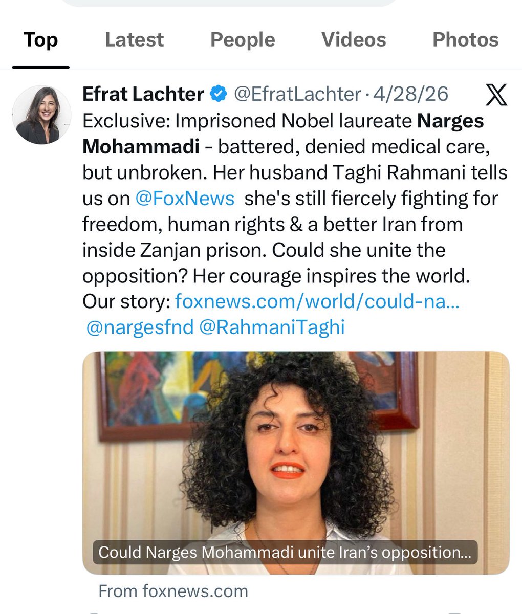 Constan63413921's tweet photo. How convenient: on April 28, she was promoting Narges Mohammadi as the woman who could “unite Iran’s opposition.” Now she is amplifying a secret, methodologically unverifiable regime poll in which the largest bloc—53%—supposedly wants “fundamental or structural reform,” while only 19% favors replacing the political system.

The framing practically writes itself: minimize regime change, inflate “reform,” and then present a reformist insider as the natural leader of the opposition. That does not prove coordination, but it certainly raises serious questions about the reporter’s judgment, sourcing, and political agenda. @EfratLachter 

😂