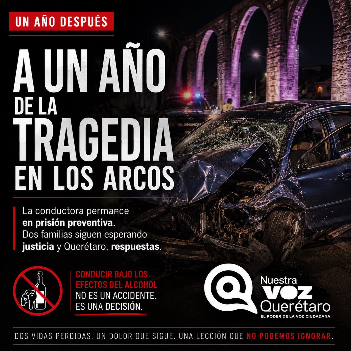 RosalbaDB's tweet photo. Un año después de la tragedia en Los Arcos, la conductora continúa en prisión preventiva.

Dos personas murieron. Dos familias siguen esperando justicia.

La lección sigue pendiente: conducir bajo los efectos del alcohol no es un accidente.

Es una decisión.

#LosArcos #NVQ https://t.co/8u7npKmvpd
