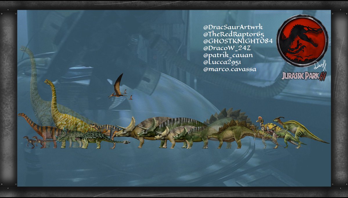 DracSaurArtwrk's tweet photo. Today marks 25 years since the release of one of my favorites in the franchise, Jurassic Park 3. 
To celebrate, here are some of the lesser-known (in my opinion) variations in the fandom, as well as some never-before-seen ones. 
Surprisingly, a film with many variations of herbivorous species. 

Here are the credits:
JP3 black logo made by me.
Unedited - Adult female Brachiosaurus, adult male Corythosaurus, and adult female Pteranodon, renders by @TheRedRaptor65.
"Spotted" male Velociraptor from the Jurassic Field Guide by both @TheRedRaptor65 and @Lucca2951.
There is a juvenile male Corythosaurus, render by @GHOSTKNIGHT084, however isn't as public as the rest so is not fully displayed here. 

The rest of the credits, for the edited versions, continue in comments...