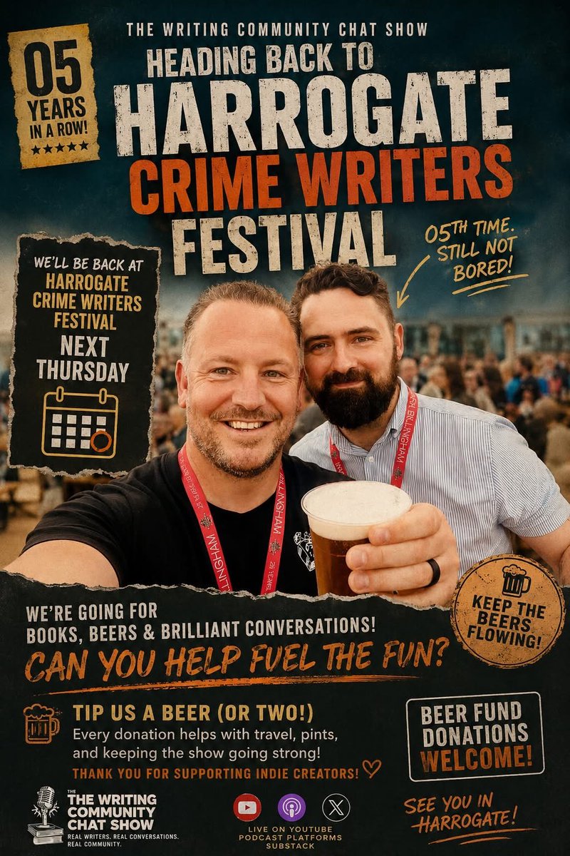 writing_show's tweet photo. 6 more days until we return to The Harrogate Crime Writers Festival!! The 05th year in a row interviewing for the brilliant publishers PanMacmillan. 

We would be extremely grateful for any tips ahead of the expensive trip. You can do here:

https://t.co/TcHJNpvtLQ

#Authors https://t.co/R7VFDYui8N