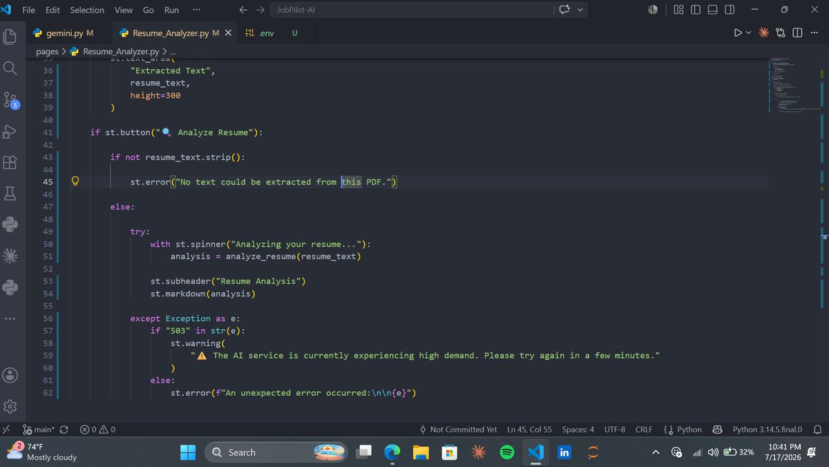 HansShaibu's tweet photo. Still building JobPilot AI 🚀

Today's work wasn't flashy—it was improving the Resume Analyzer with a cleaner UI and better error handling.

Turns out building a good product is just as much about fixing edge cases as adding new features.

#buildinpublic #Python #AI https://t.co/6f0kGiUFUB