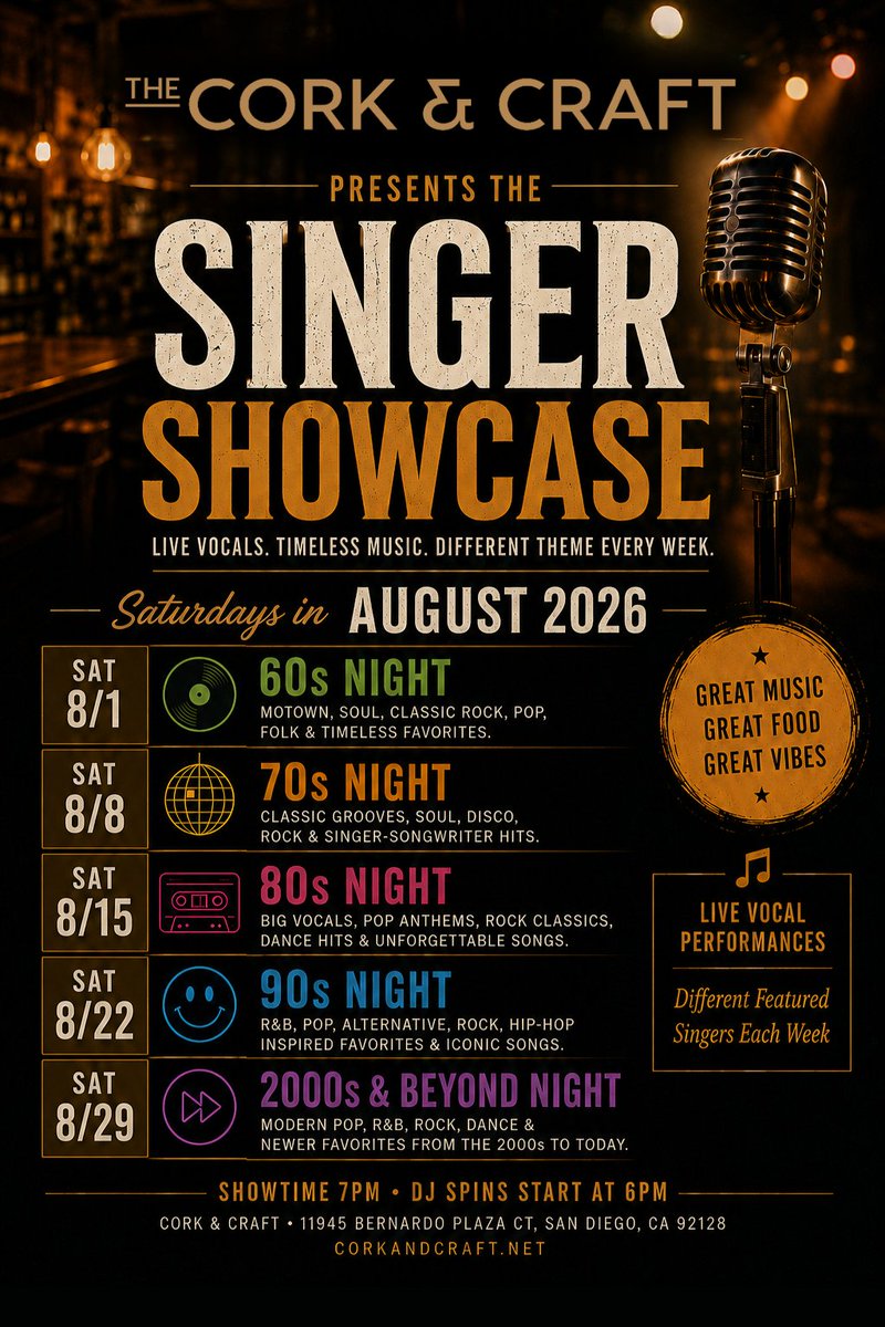 Changing_Stage's tweet photo. A few months after our first Singer Showcase, I’m excited to announce the full Saturday series begins August 1 at Cork &amp; Craft. Every week will feature different singers, with August celebrating the 60s through the 2000s and beyond. Free admission. DJ at 6, live music at 7. https://t.co/0ta3D8B8IH