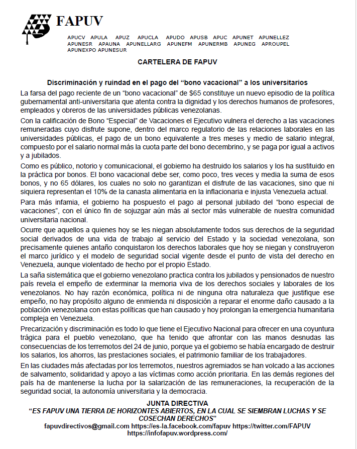 FAPUV's tweet photo. FAPUV convoca a mantener las acciones de solidaridad con las víctimas de los terremotos del 24 de julio y las luchas por los derechos laborales, y contra la discriminación hacia los jubilados. https://t.co/Ys5tYjXk0M