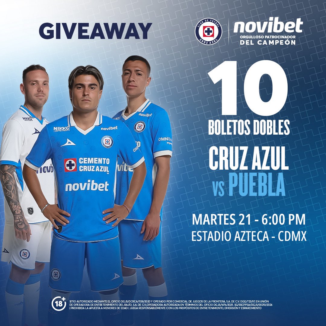 NovibetMexico's tweet photo. Quién quiere ver a @CruzAzul? Tengo 10 pases dobles para el partido contra Puebla en el Azteca este martes 21  🚂

Participar es bien fácil:

1️⃣Sígueme aquí 
2️⃣ Dale repost
3️⃣ Dime cómo celebrarías la 11 en los comentarios y etiqueta a un amigo 

¡Y listo! Los más creativos serán los ganadores 💙

Anuncio a los azules afortunados el lunes 20 😉
