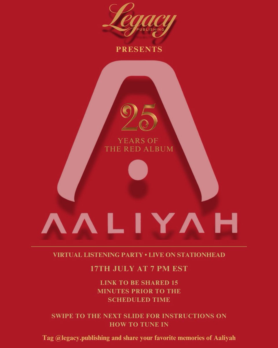 AaliyahLegion's tweet photo. Legacy Publishing are hosting a virtual listening party for Aaliyah’s 25th anniversary of the red album ! 👀 

Live on Stationhead at 7pm EST https://t.co/U4UmS3HqI8